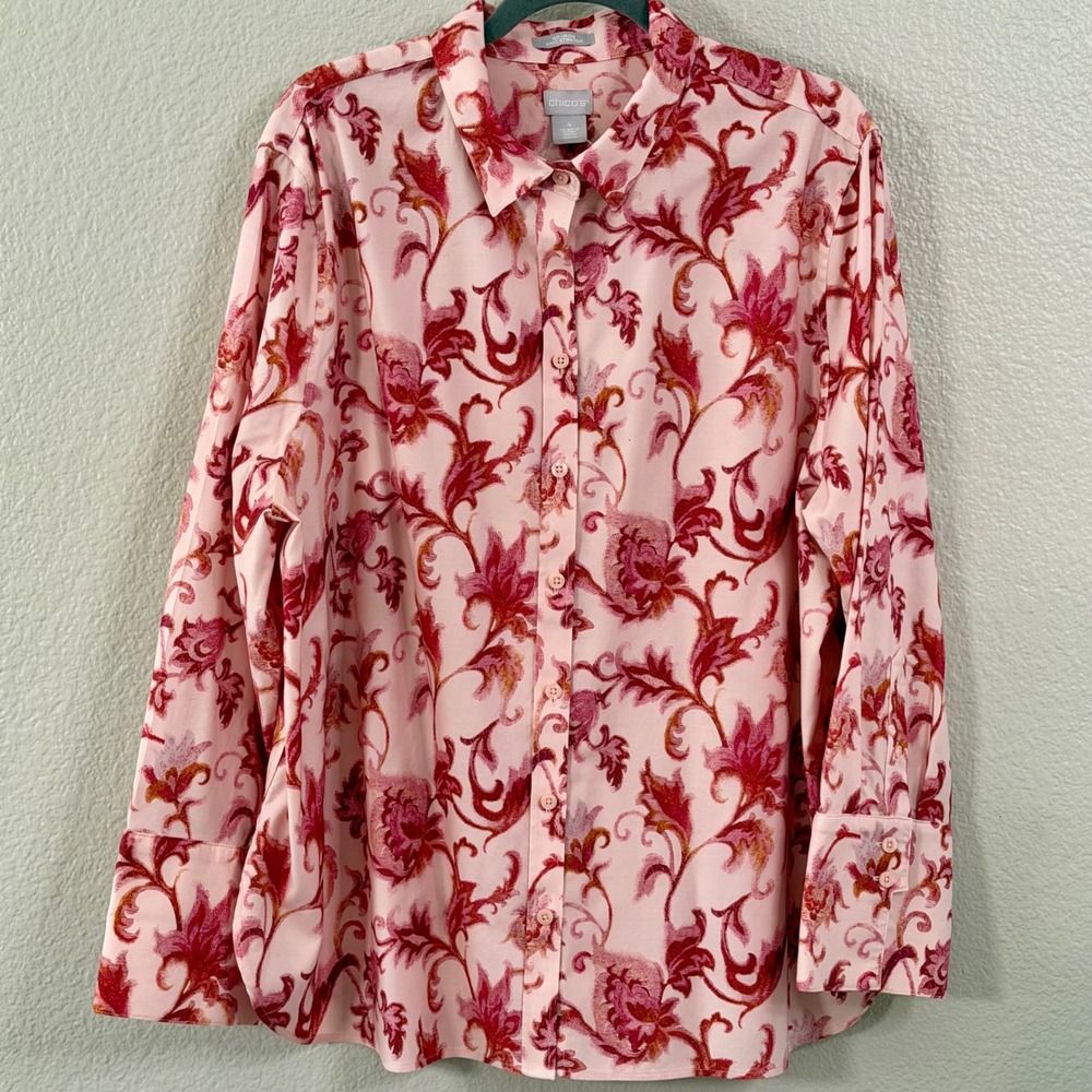 NWOT Chico's 4 Stretch Cotton Floral Button Shirt Pink Red 3/4 Sleeve Boho US 20 - Picture 9 of 16